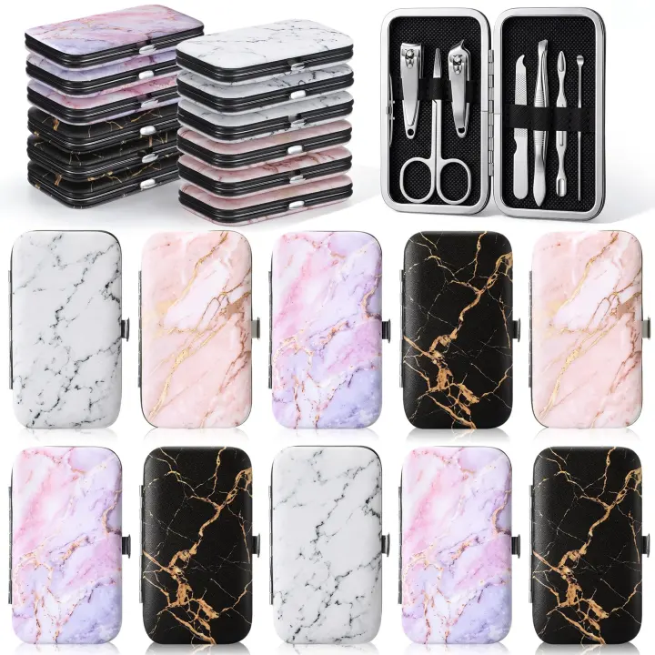 12-Pack Marble Travel Manicure & Pedicure Kit — Stainless Steel Grooming Set