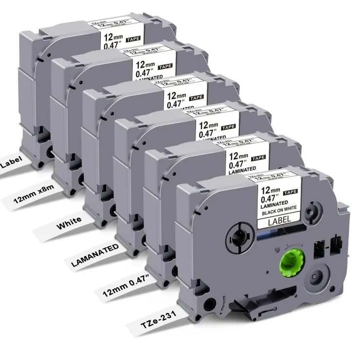 12mm (0.47") Laminated Label Tape — Compatible with Brother P-Touch (6-Pack)