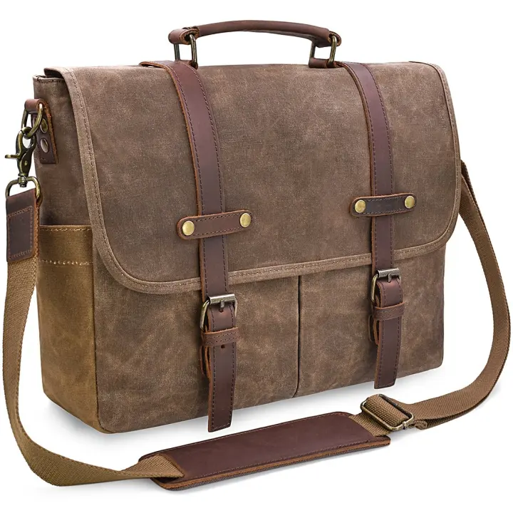 15.6-inch Waxed Canvas & Leather Messenger Bag — Rugged Business Satchel