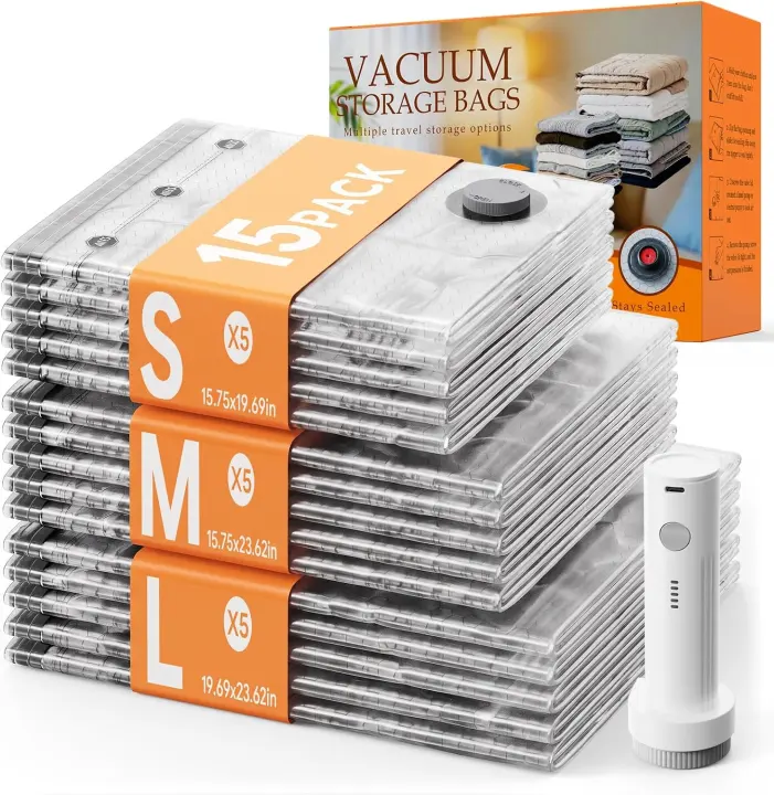 15-Pack Travel Vacuum Storage Bags with Rechargeable Electric Pump