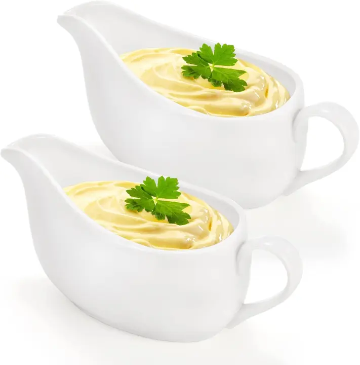 2-Pack Ceramic Gravy Boats (15 oz) with Matching Saucers — White Serveware