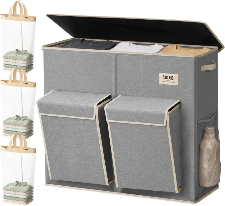 220L 3-Section Laundry Hamper with Lid and Side Pockets