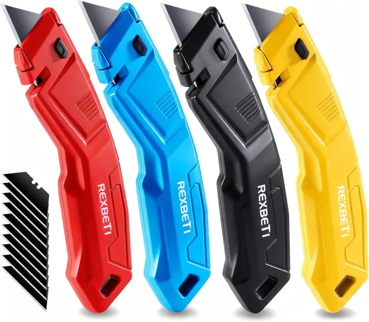 4-Pack Retractable Metal Box Cutters with 14 SK2 Blades — Utility Knives