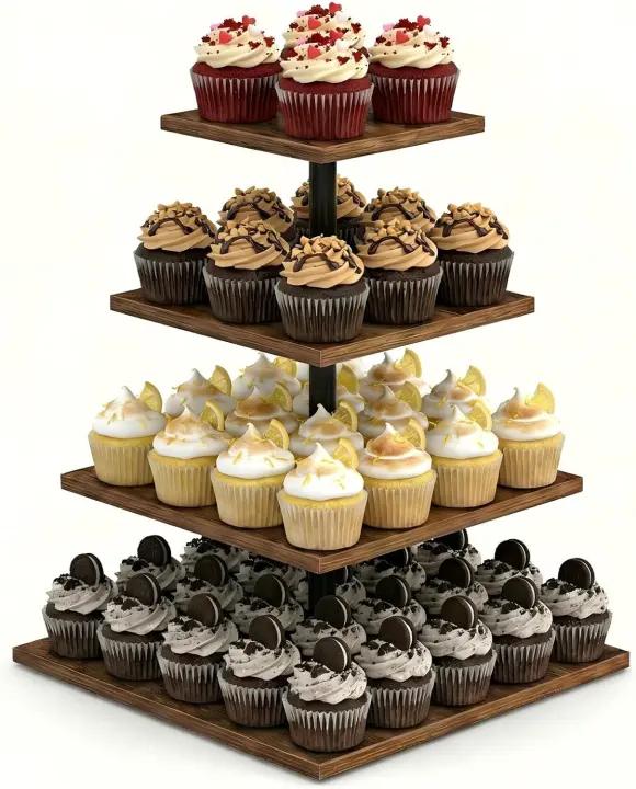 4-Tier Wooden Cupcake Stand — Tiered Dessert Display, Dark Brown