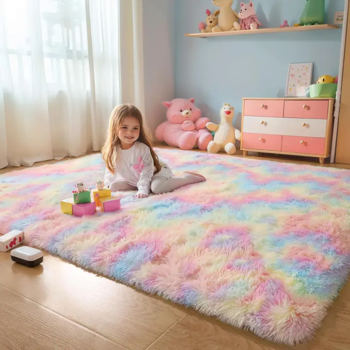 4x6 Fluffy Rainbow Shag Kids Rug — Plush Non-Slip Area Rug
