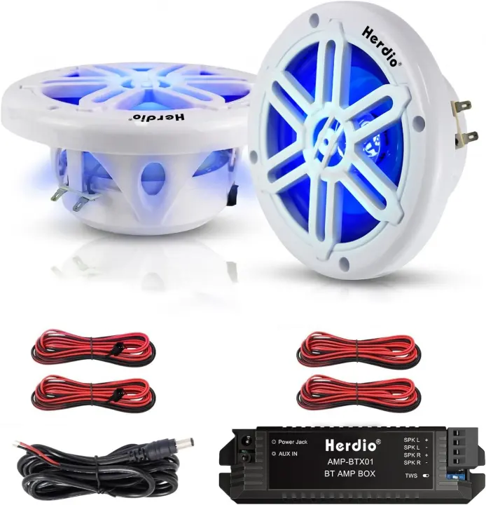 6.5-inch 350W Bluetooth Marine Speaker Pair with Blue LED (White)