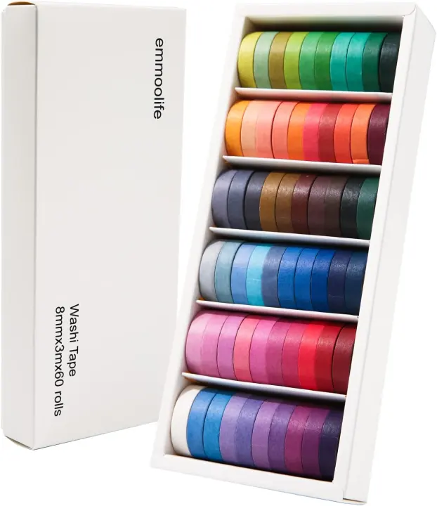 60-Color Washi Tape Set — 8mm x 3m Solid Rainbow Rolls for Crafts
