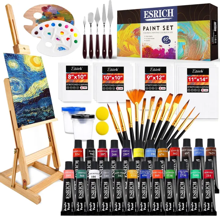 60-Piece Acrylic Paint Kit for Adults with Tabletop Wood Easel