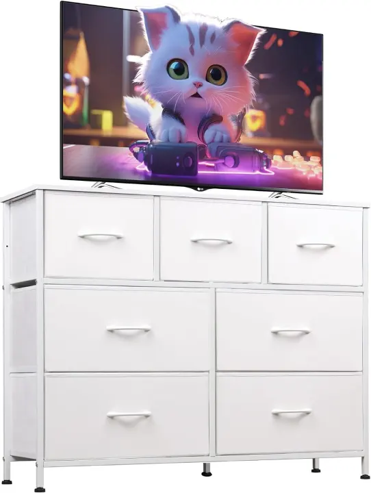 7-Drawer Fabric Dresser with Wood Top — TV-Ready Bedroom Chest
