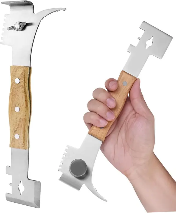 7-in-1 Steel Hive Tool with Wooden Handle — Beekeeping Pry & Scraper