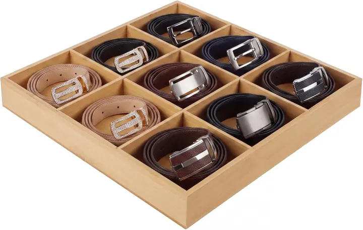 Bamboo 9-Slot Belt Organizer Tray — Drawer & Closet Storage Box