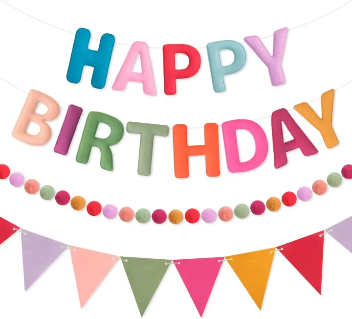 Boho Felt Happy Birthday Banner Set — Pre-Strung Rainbow Party Decor