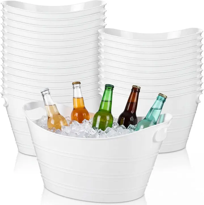 Bulk Set of 24 Plastic Ice Buckets — 10 L Oval Drink Tubs, White