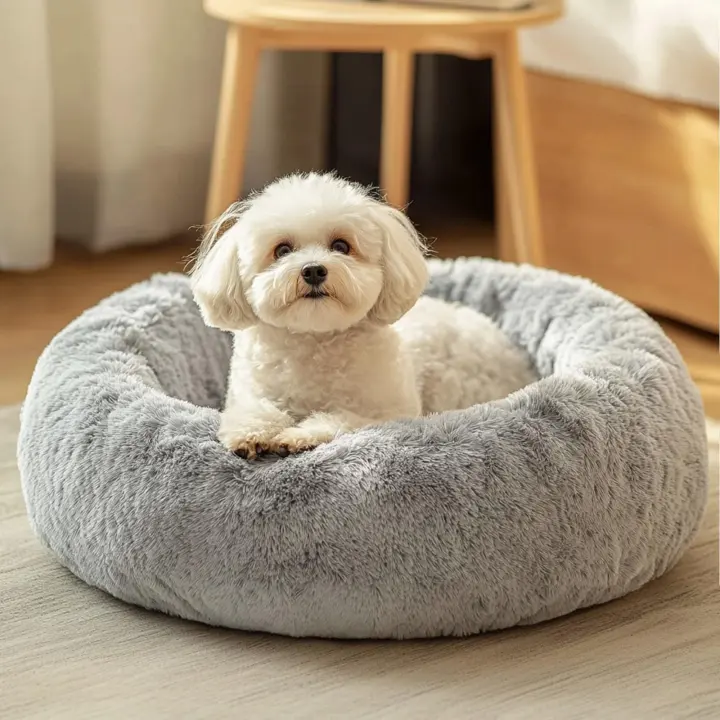 Calming Donut Plush Pet Bed — Washable Round Fluffy Cushion (20")