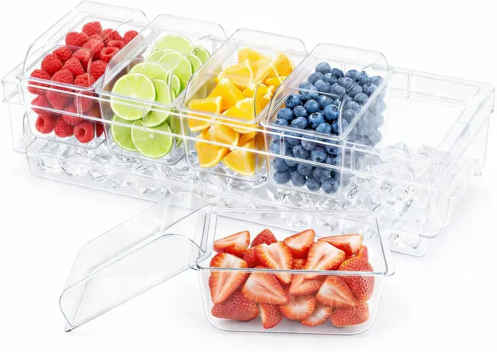 Chilled 5-Compartment Condiment Caddy with Lids & Ice Tray