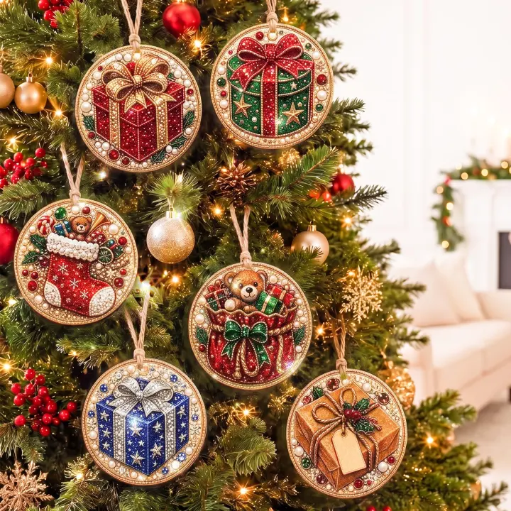 Christmas 3D Pearl & Diamond Ornament Kit — 6 Wooden DIY Hangings