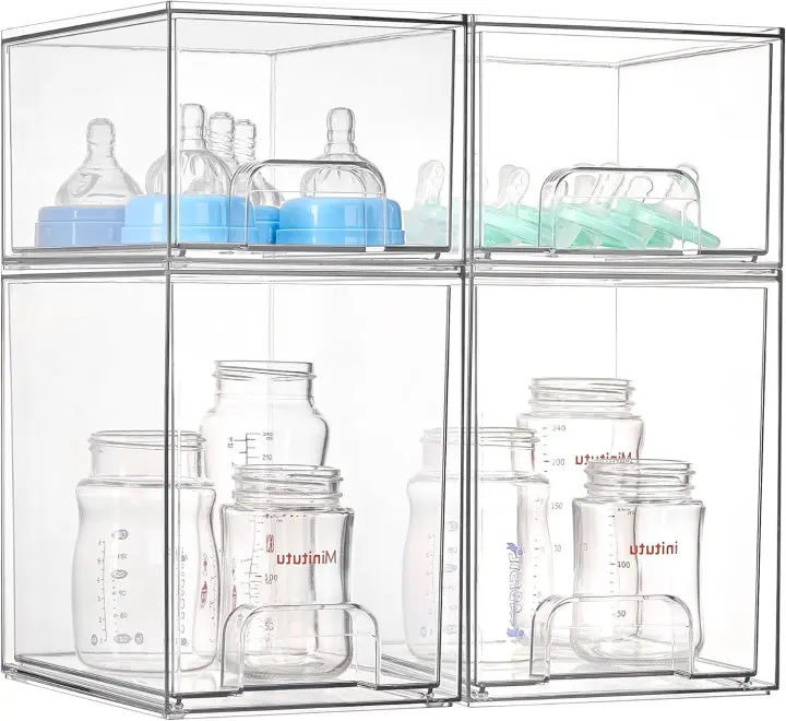 Clear Stackable Baby Bottle Drawer Set — 4-Piece Plastic Organizer
