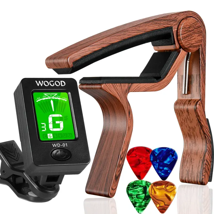 Clip-On Guitar Tuner and Rosewood-Color Capo Set for Stringed Instruments