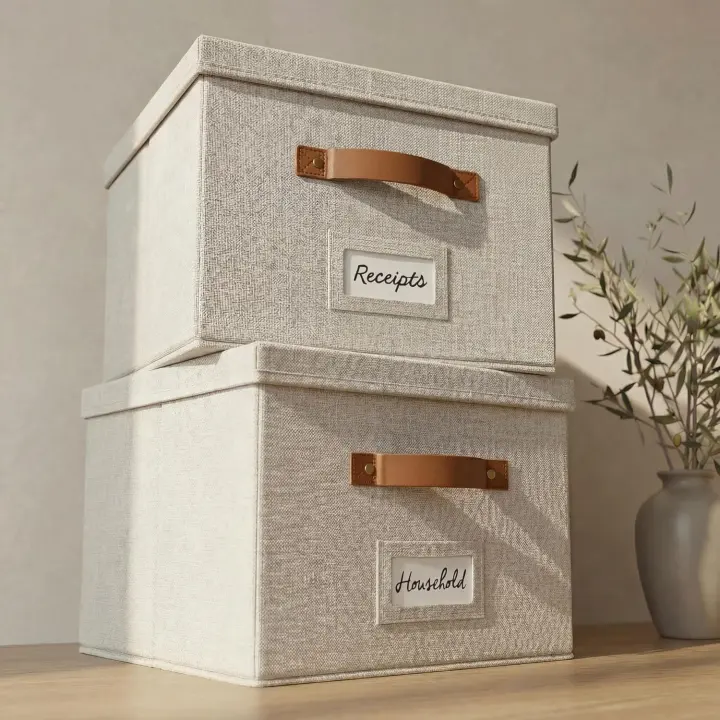 Collapsible Linen File Organizer Boxes (Set of 2) — Portable Filing Crates