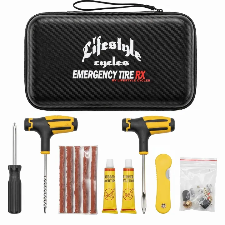 Compact Motorcycle Tire Repair Kit — Emergency Plug & Valve Tool Set