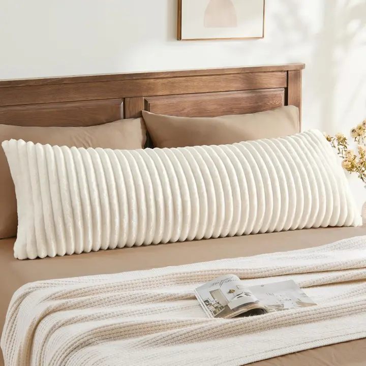 Cream Striped Faux Fur Body Pillow Cover with Zipper — 20 x 54