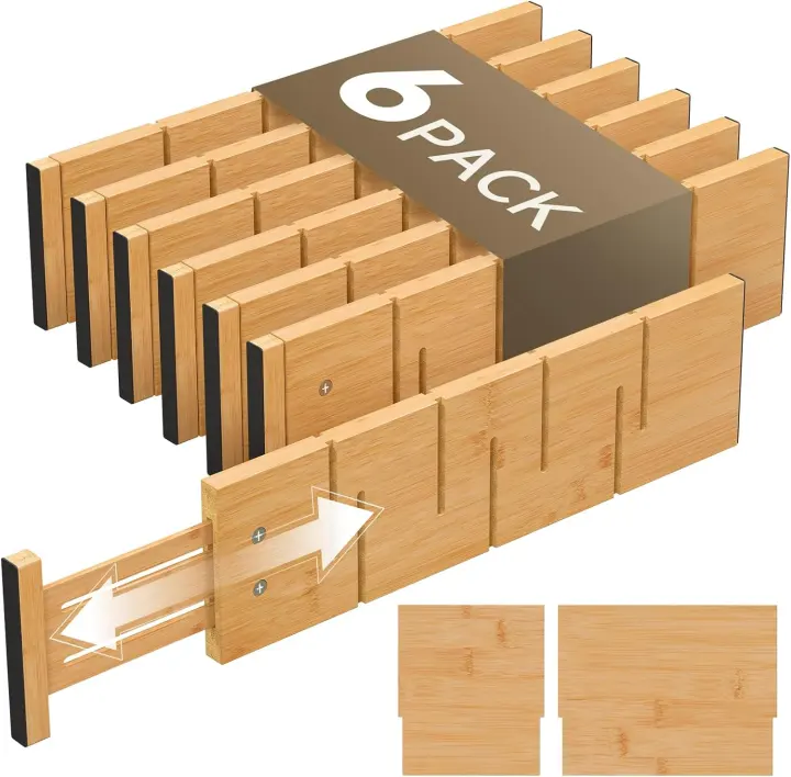 Deep Bamboo Drawer Dividers — Adjustable, Expandable Set for Drawers (6)