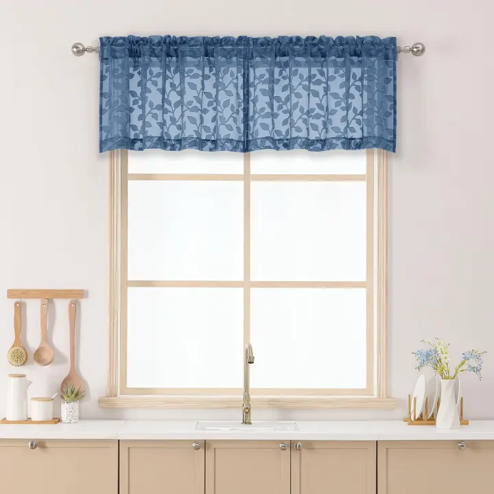 Dusty Blue Leaf Sheer Valance Set — 14" Cafe Curtains (2-Pack)