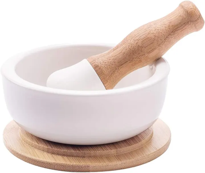 E-liu Unglazed Porcelain Mortar and Pestle Set with Bamboo Lid