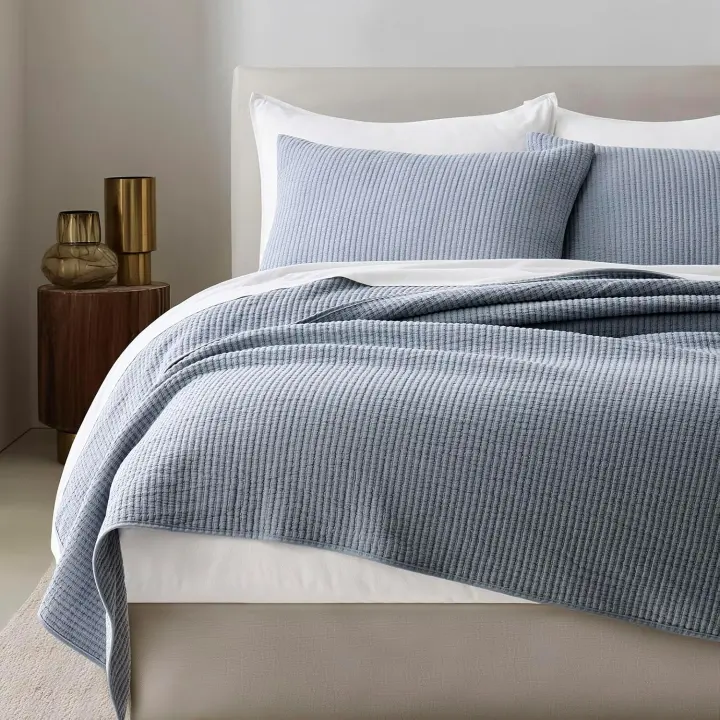 EverGrace Cotton Ribbed Matelassé Coverlet Set — King Size, Blue Linen