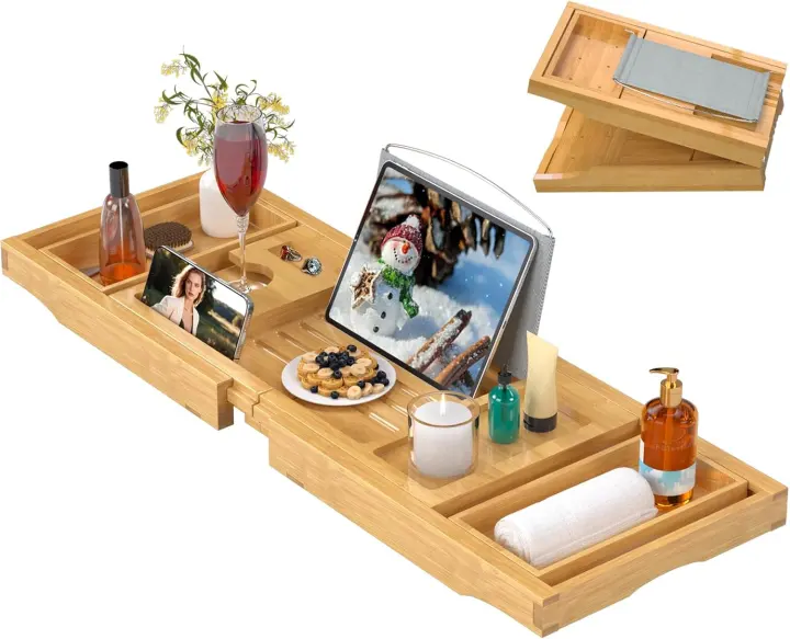 Expandable Bamboo Bathtub Tray Caddy — Foldable Bath Table