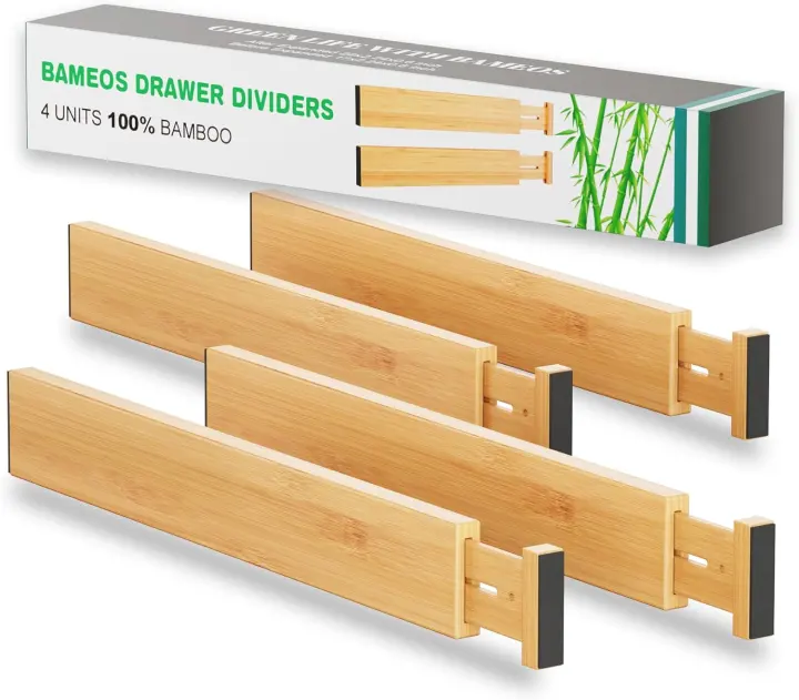 Expandable Bamboo Drawer Dividers — Fits 16.6–22 in, 2 in H, Set of 4