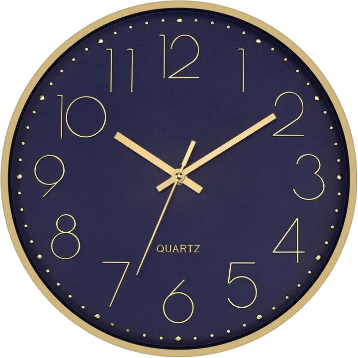 Foxtop 12-inch Modern Silent Wall Clock — Blue Dial, Gold Frame