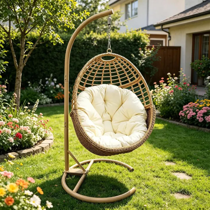 Freestanding Egg Swing Chair with Stand — PE Rattan & Plush Cushion (350 lb)