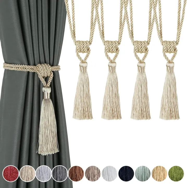 Handmade Tassel Curtain Tiebacks — 4-Pack Fabric Rope Holdbacks