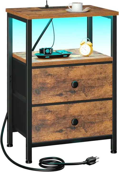 LED Nightstand with Charging Station & Fabric Drawers — Small Bedside Table