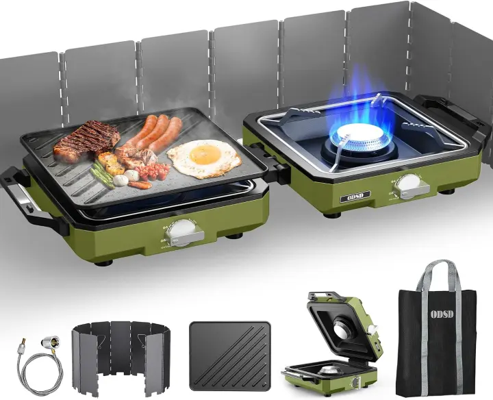ODSD 2-Burner Portable Propane Camping Stove with Windshield & Accessories