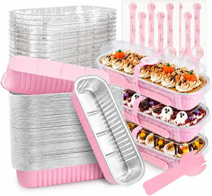 Pink Disposable Mini Loaf Pans with Lids — 50-Pack (6.8 oz)