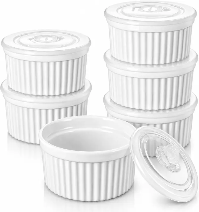 Porcelain 8 oz Ramekins with Lids — Set of 6