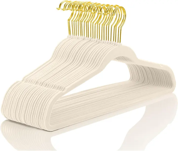 Premium Velvet Slimline Hangers — Pack of 50 Ivory with Gold Hooks