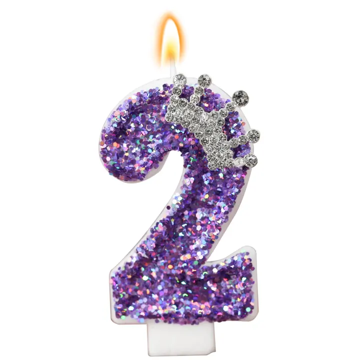 Purple Crown Glitter Number 2 Cake Candle — Sequined Birthday Topper