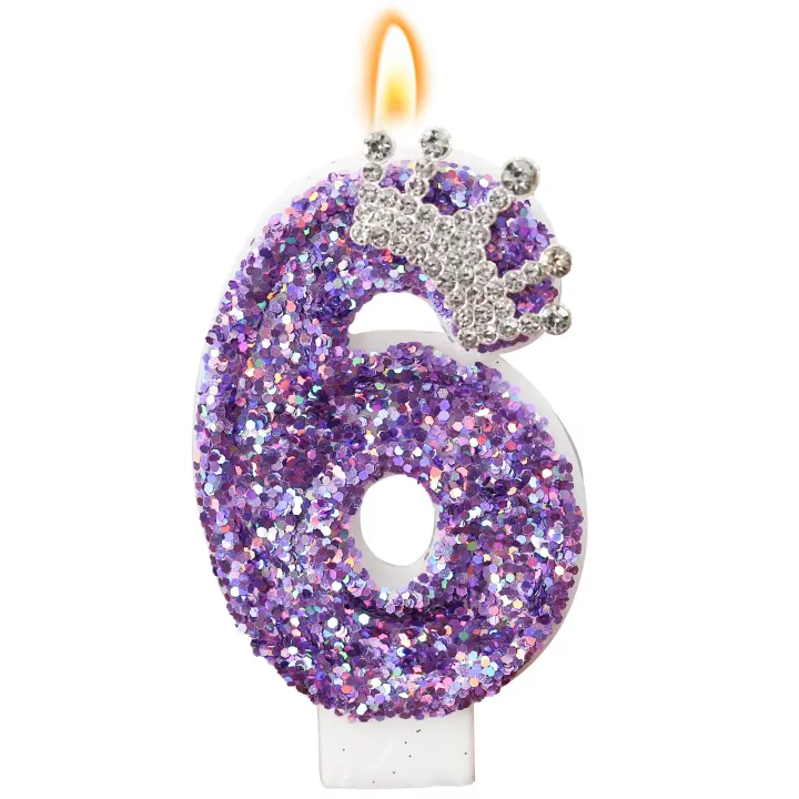 Purple Sequin Number 6 Crown Cake Candle — Glitter Birthday Topper