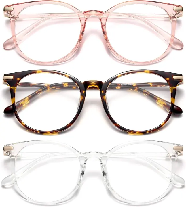 Retro Round Blue-Light Blocking Glasses — 3-Pack (Pink, Leopard, Clear)