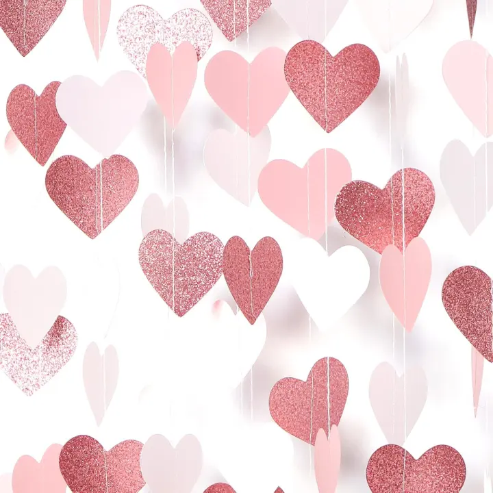 Rose Gold & Pink Heart Paper Garland Streamers — 52 ft Party Decor