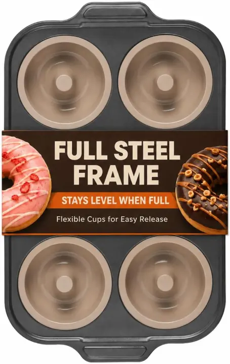 Silicone Donut Pan — Metal-Reinforced 6-Cavity Large Donut Mold