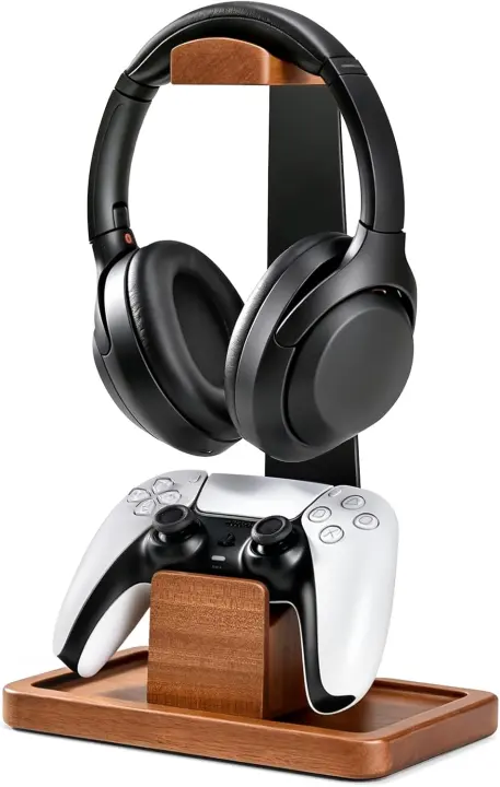 Solid Wood & Metal Headphone Stand with Modular Controller Holder