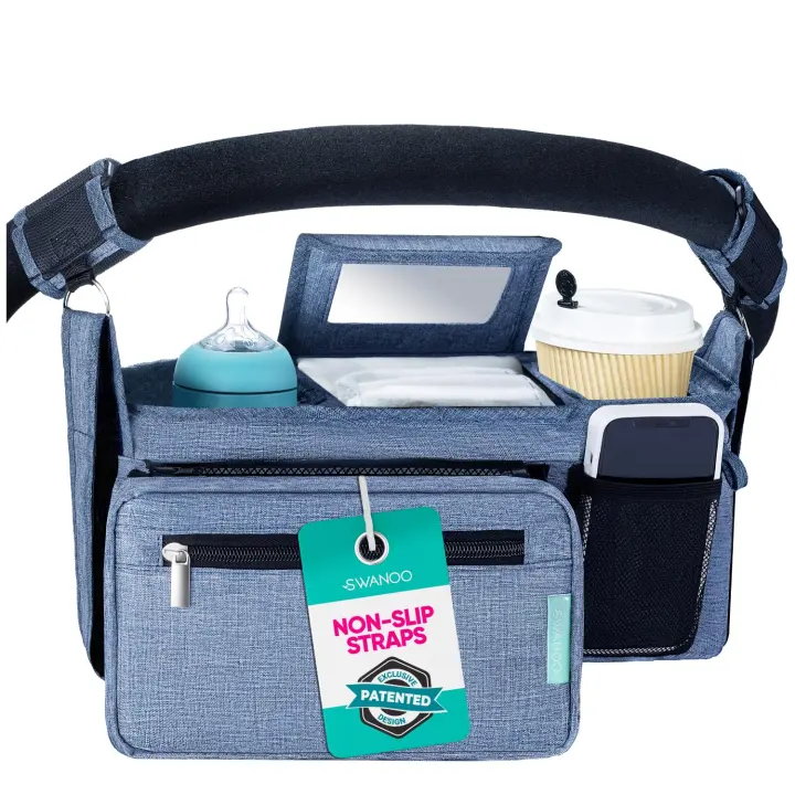 Stroller Organizer Caddy with Insulated Cup Holders and Wipes Pocket