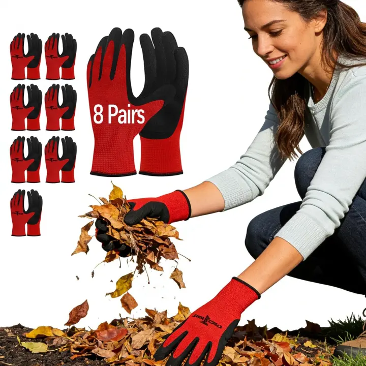 Trendara 8-Pair Red Work & Garden Gloves — Latex-Dipped (Size L)