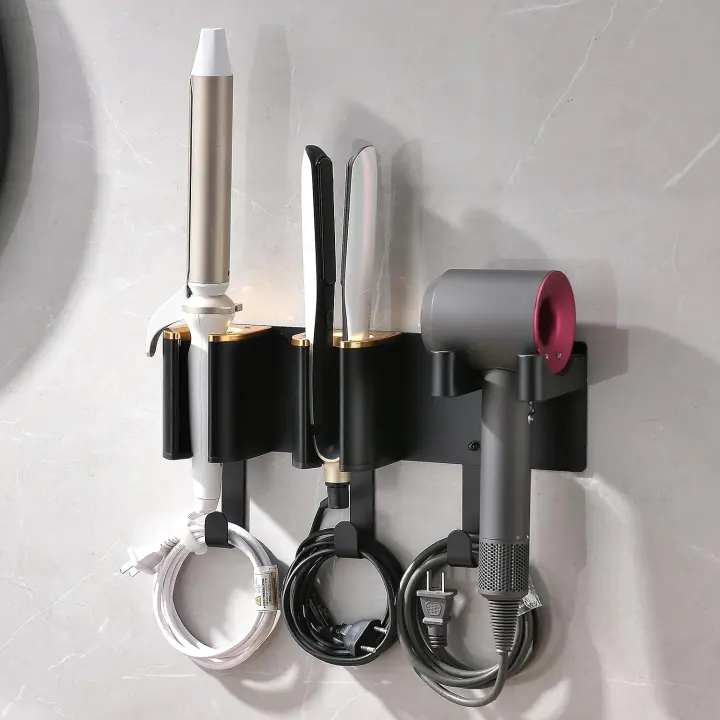 Wall-Mounted Hair Tool Organizer — 3-Compartment Dryer, Iron & Curler Holder
