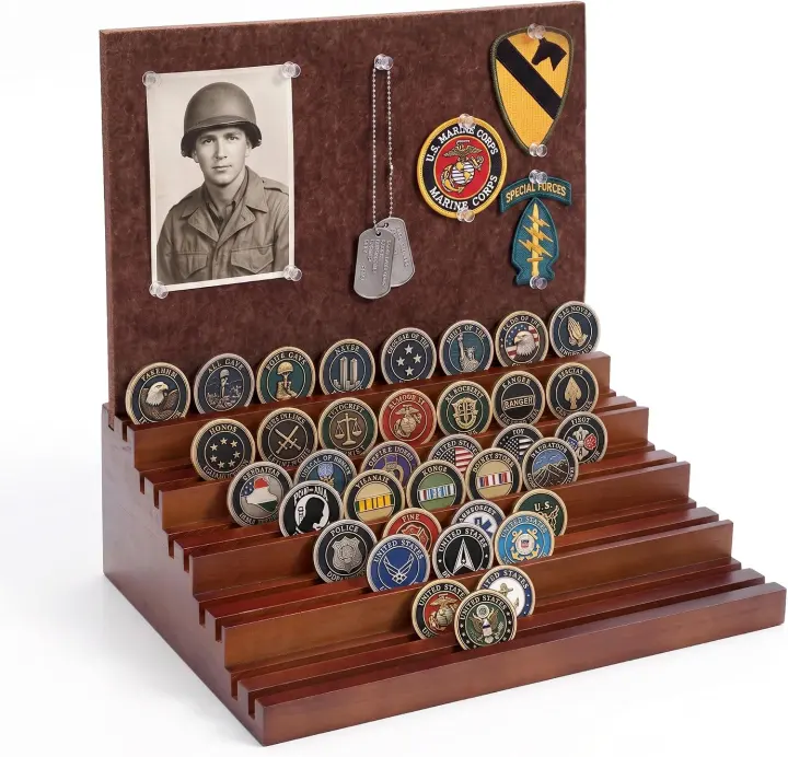 Walnut Challenge Coin Display Stand with Felt Pin Backer