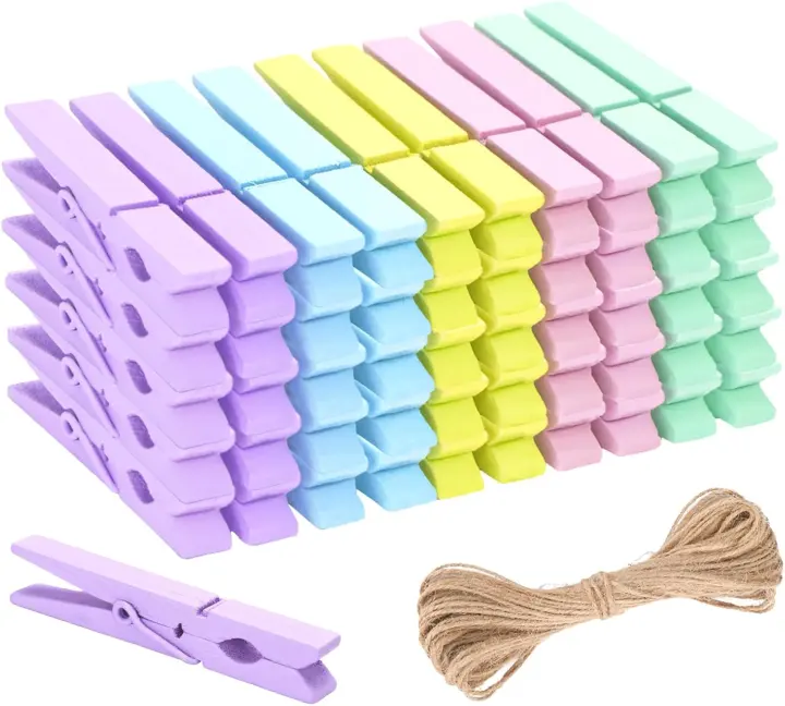 Wooden Macaron-Colored Clothespins — 2.9 in, 50-Pack with Jute String